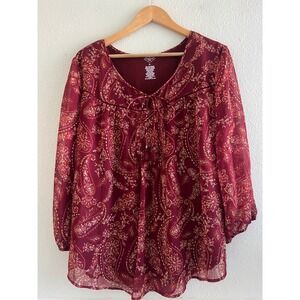St. John's Bay Red Paisley Top Women's XL Tasseled Boho Whimsigoth Flowy